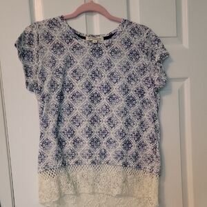 Rewind Blue and White Patterned Blouse with Lace Hem